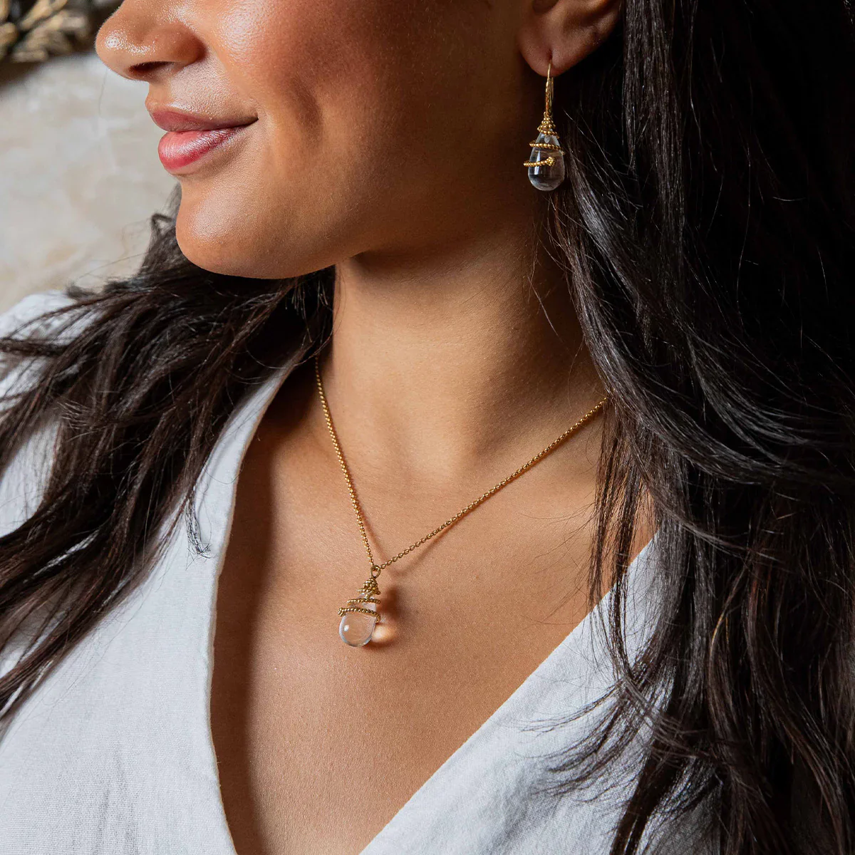 Capucine De Wulf Lily Charm Necklace, 16" + 2", Clear Quartz - Image 4