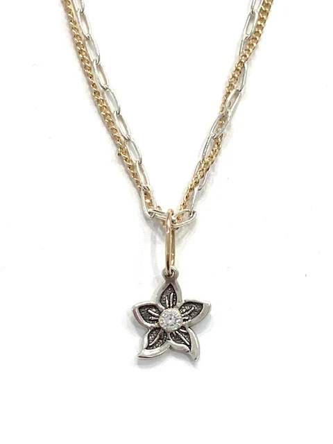 County Metalsmiths Double Two Tone Chain Single Lily Charm Diamond Necklace - Image 2