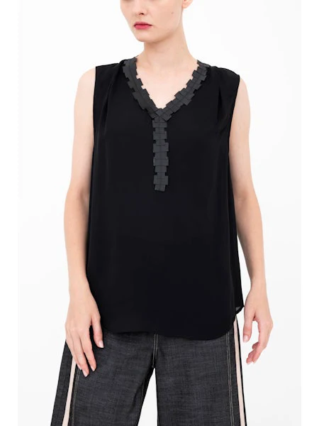 Elaine Kim Bettina Silk V-Neck Shell Top with Grosgrain Trim - Final Sale - Image 2