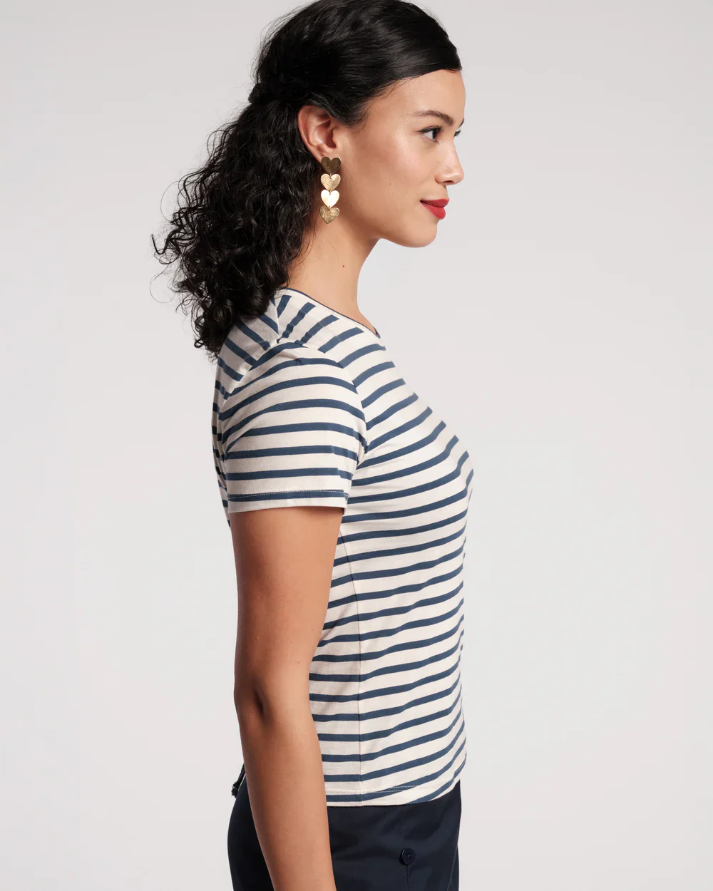 Frances Valentine Super Striped Baby Tee, Oyster/Navy - Image 3