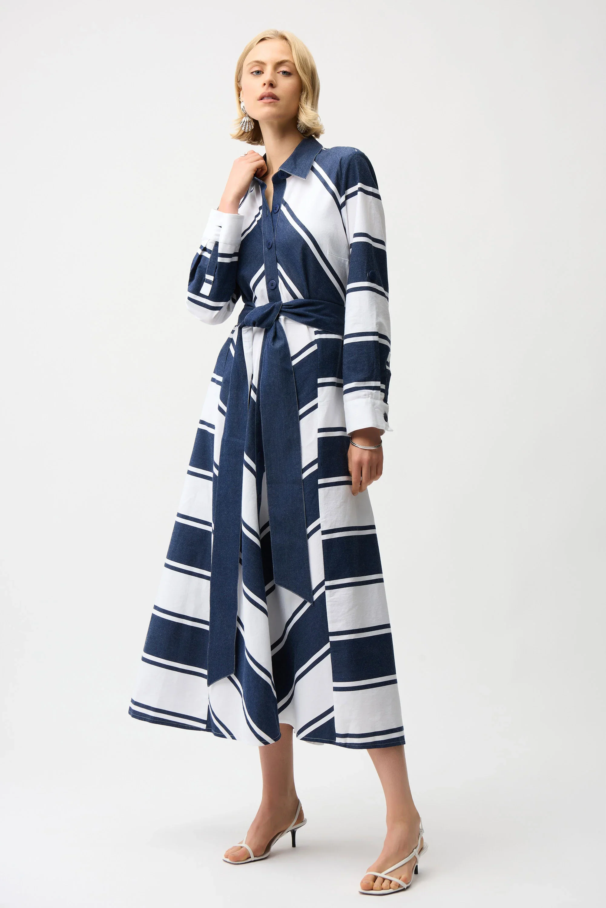 Joseph Ribkoff Cotton Stripe Print Fit and Flare Shirt Dress with Reversible Sash - Image 2