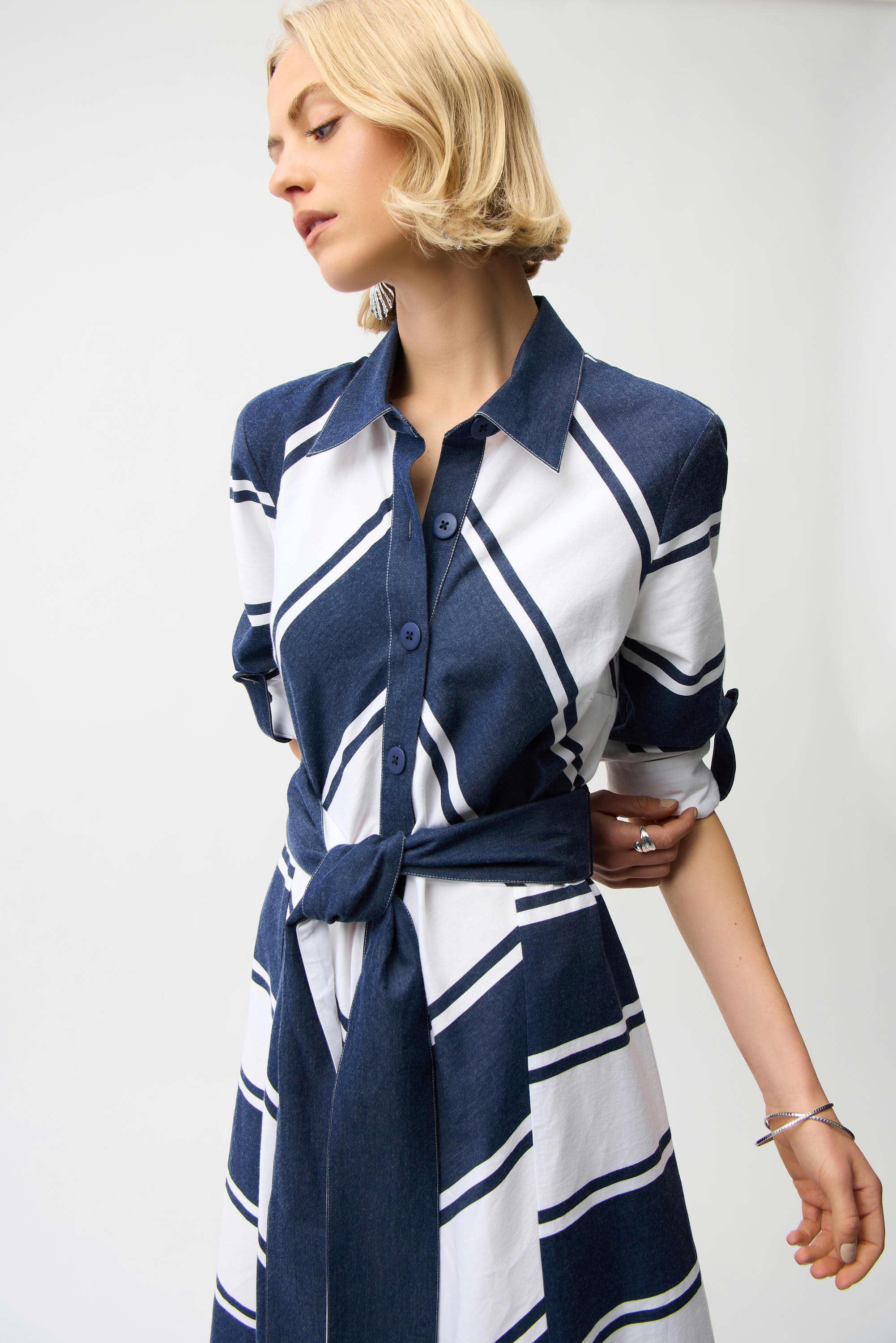 Joseph Ribkoff Cotton Stripe Print Fit and Flare Shirt Dress with Reversible Sash - Image 3