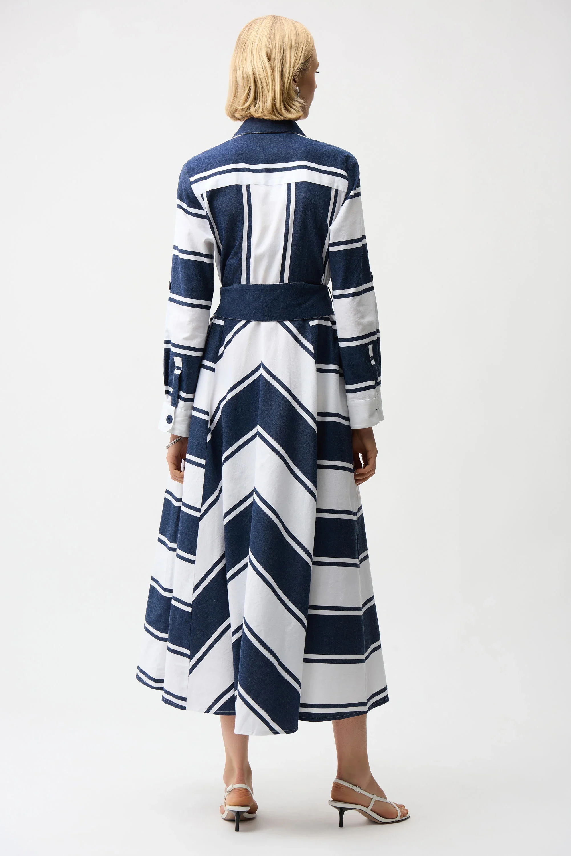 Joseph Ribkoff Cotton Stripe Print Fit and Flare Shirt Dress with Reversible Sash - Image 4