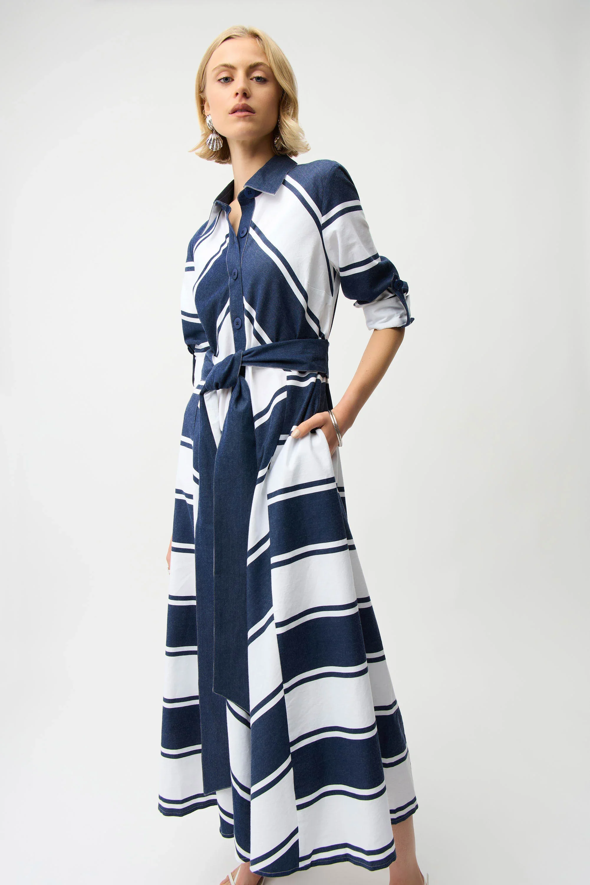 Joseph Ribkoff Cotton Stripe Print Fit and Flare Shirt Dress with Reversible Sash - Image 5
