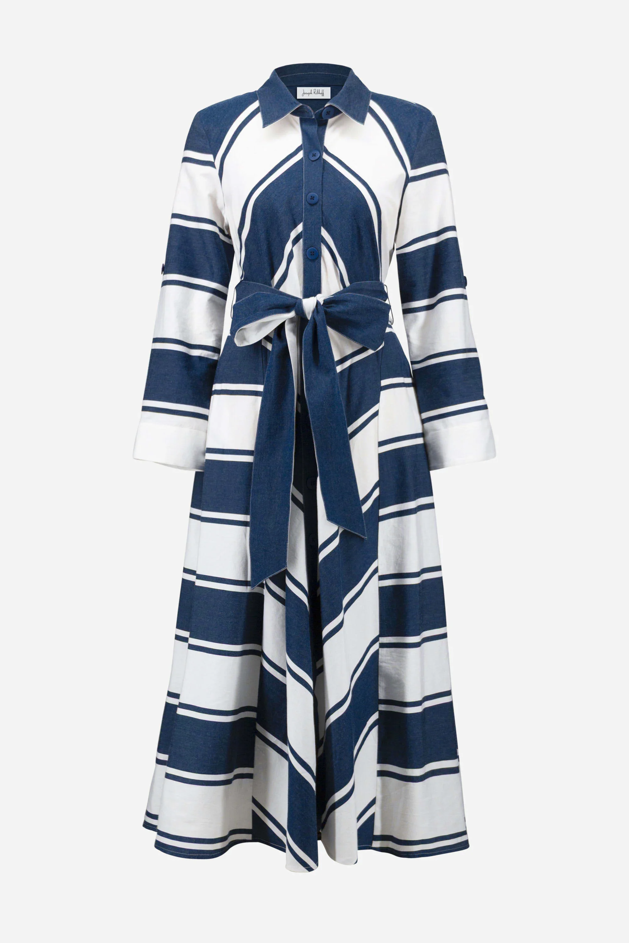 Joseph Ribkoff Cotton Stripe Print Fit and Flare Shirt Dress with Reversible Sash - Image 6