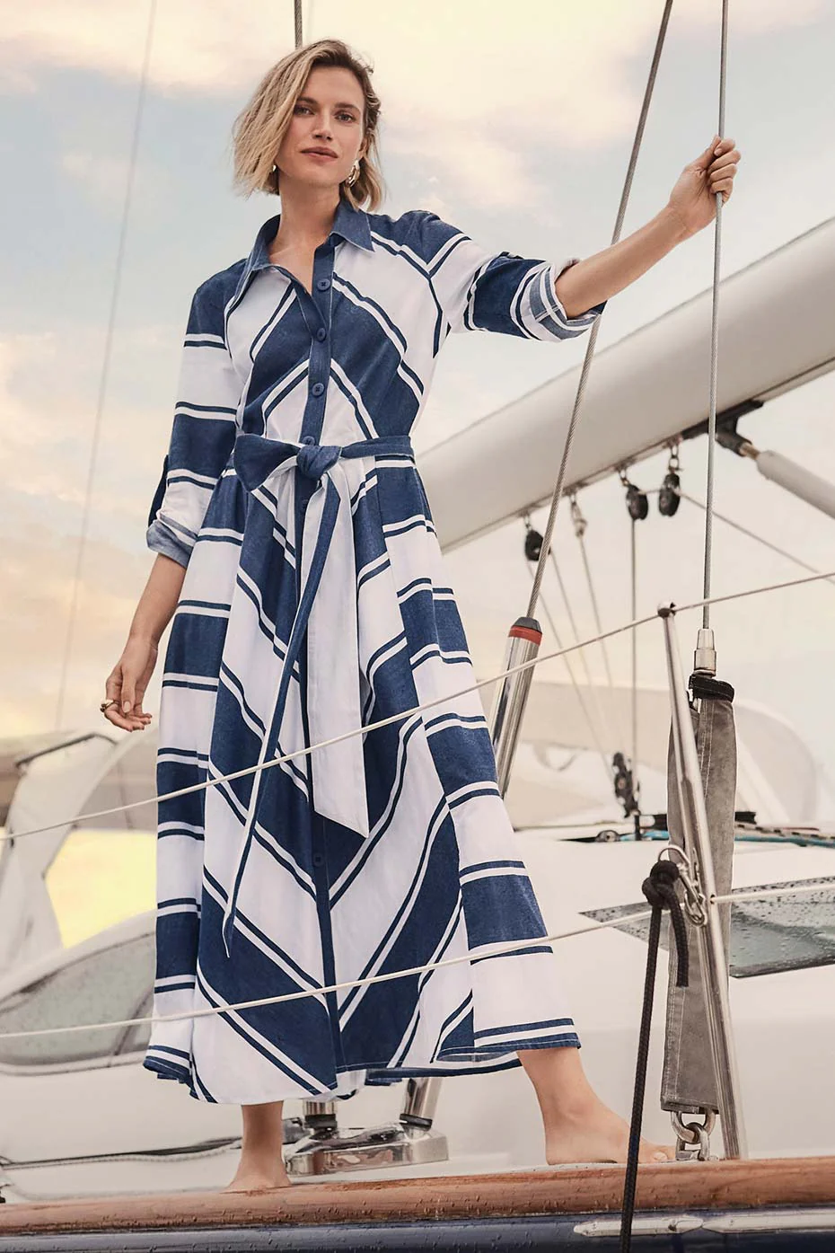 Joseph Ribkoff Cotton Stripe Print Fit and Flare Shirt Dress with Reversible Sash - Image 7