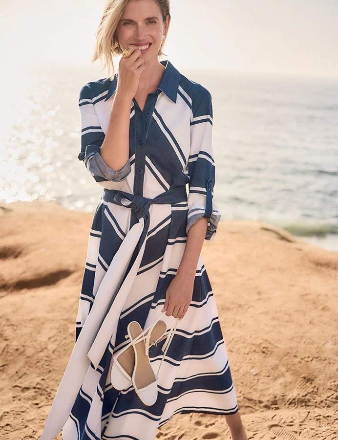 Joseph Ribkoff Cotton Stripe Print Fit and Flare Shirt Dress with Reversible Sash - Image 8