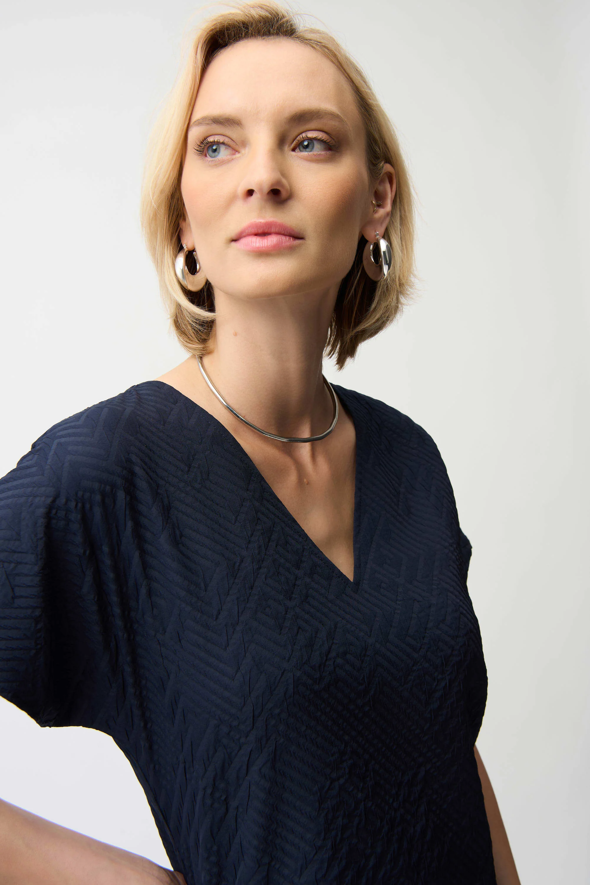Joseph Ribkoff Geometric Textured Jacquard Top With V-Neckline - Image 3