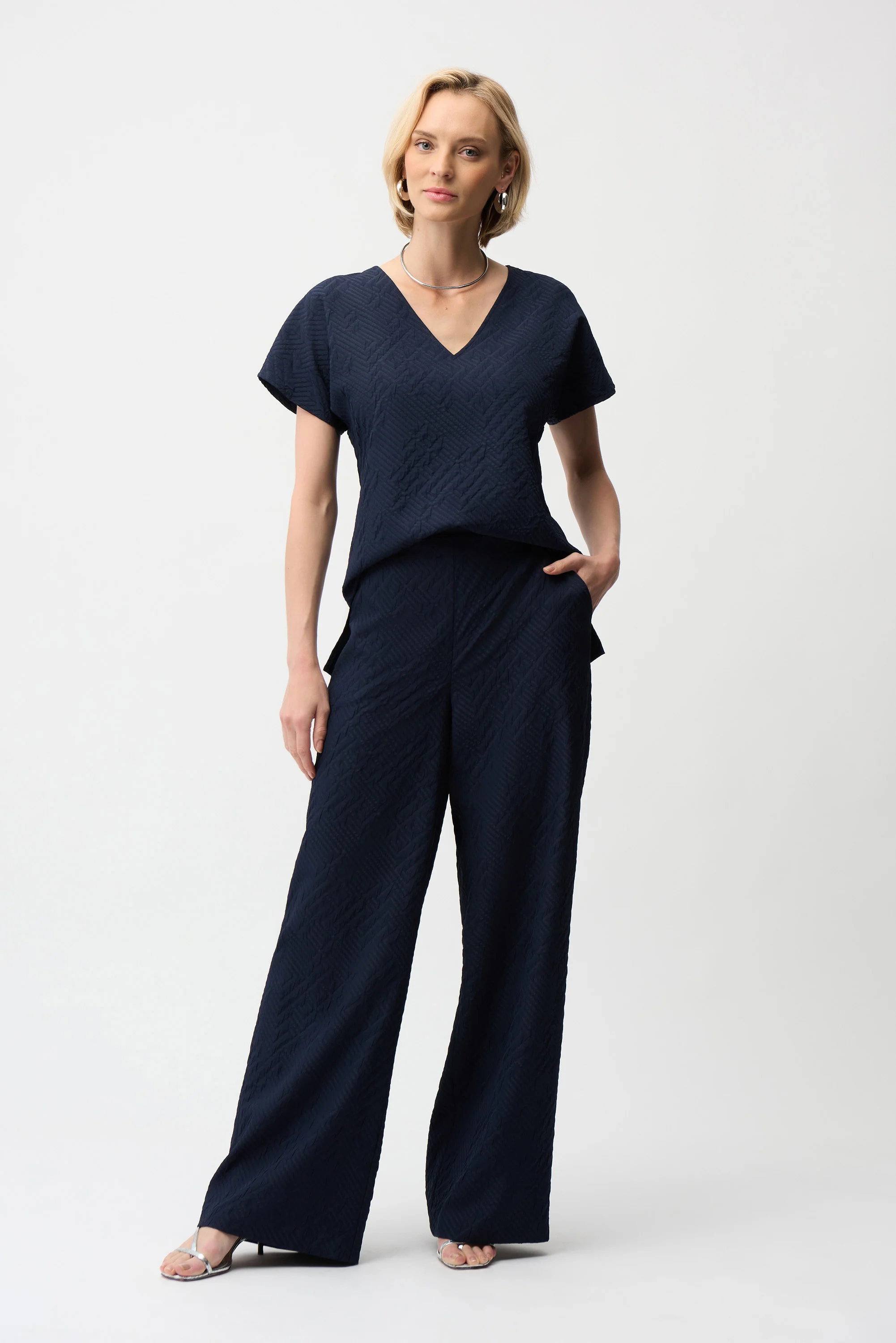 Joseph Ribkoff Geometric Textured Jacquard Top With V-Neckline - Image 4