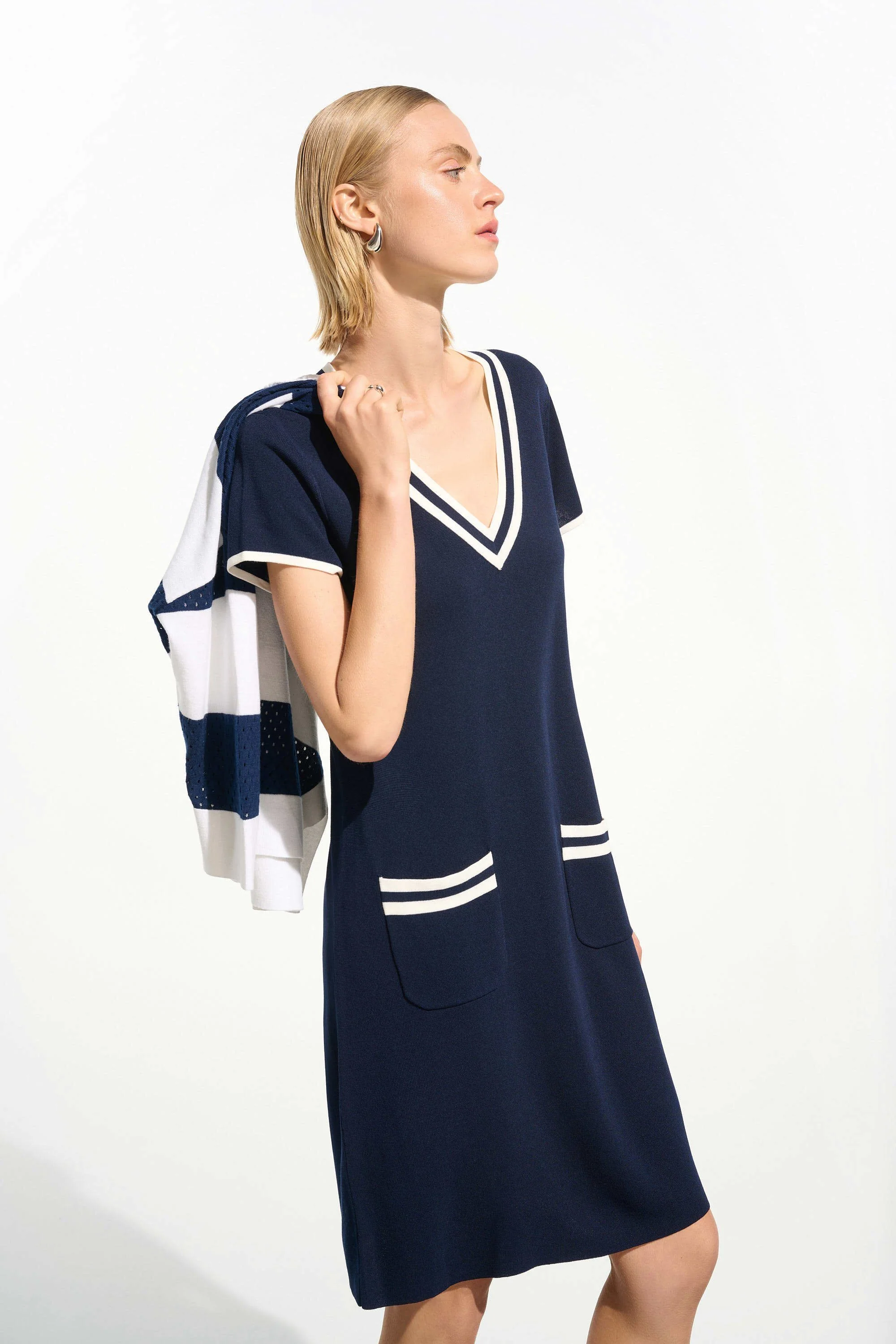 Joseph Ribkoff Knit A-Line Dress with Rib Trim - Image 3