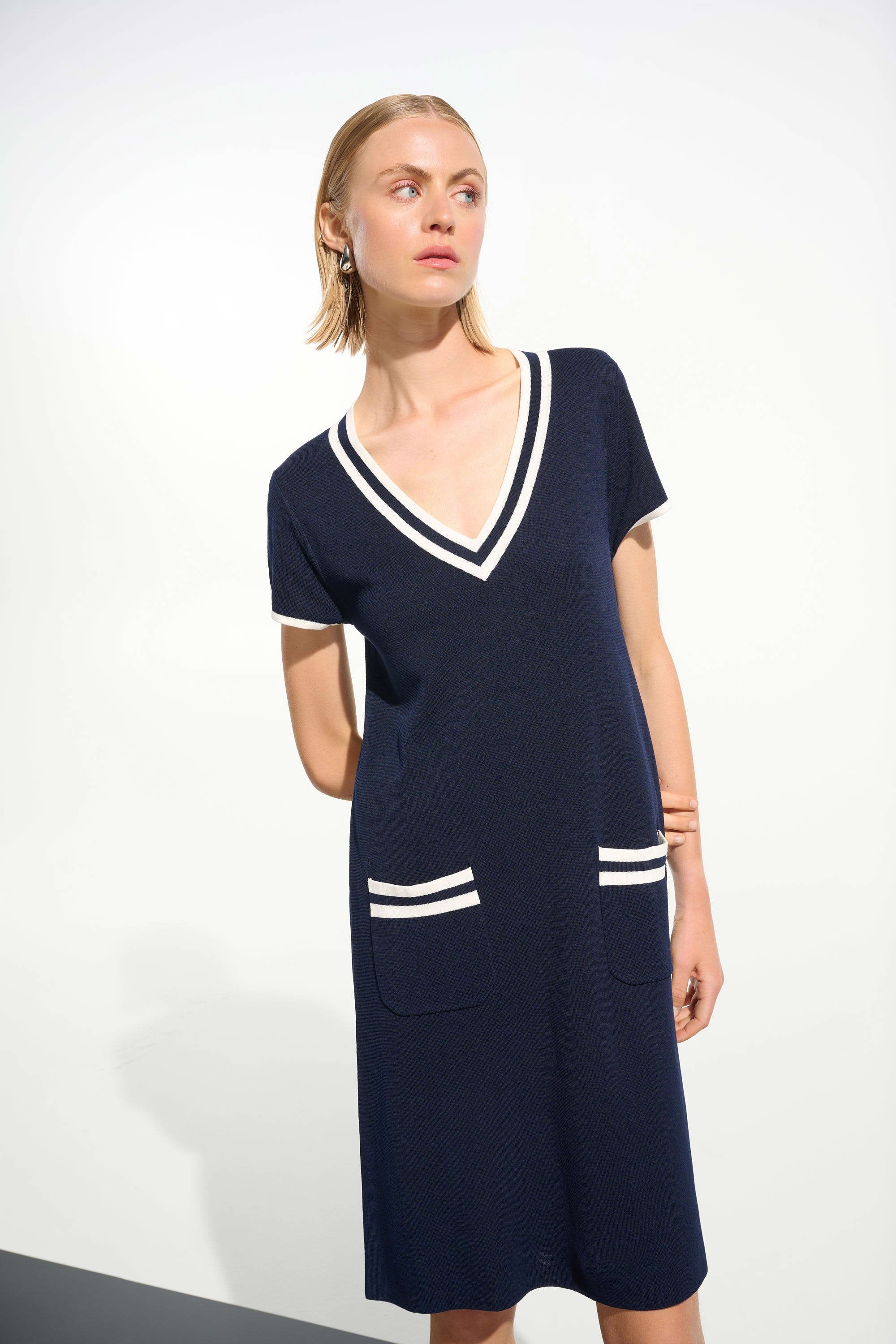 Joseph Ribkoff Knit A-Line Dress with Rib Trim - Image 4