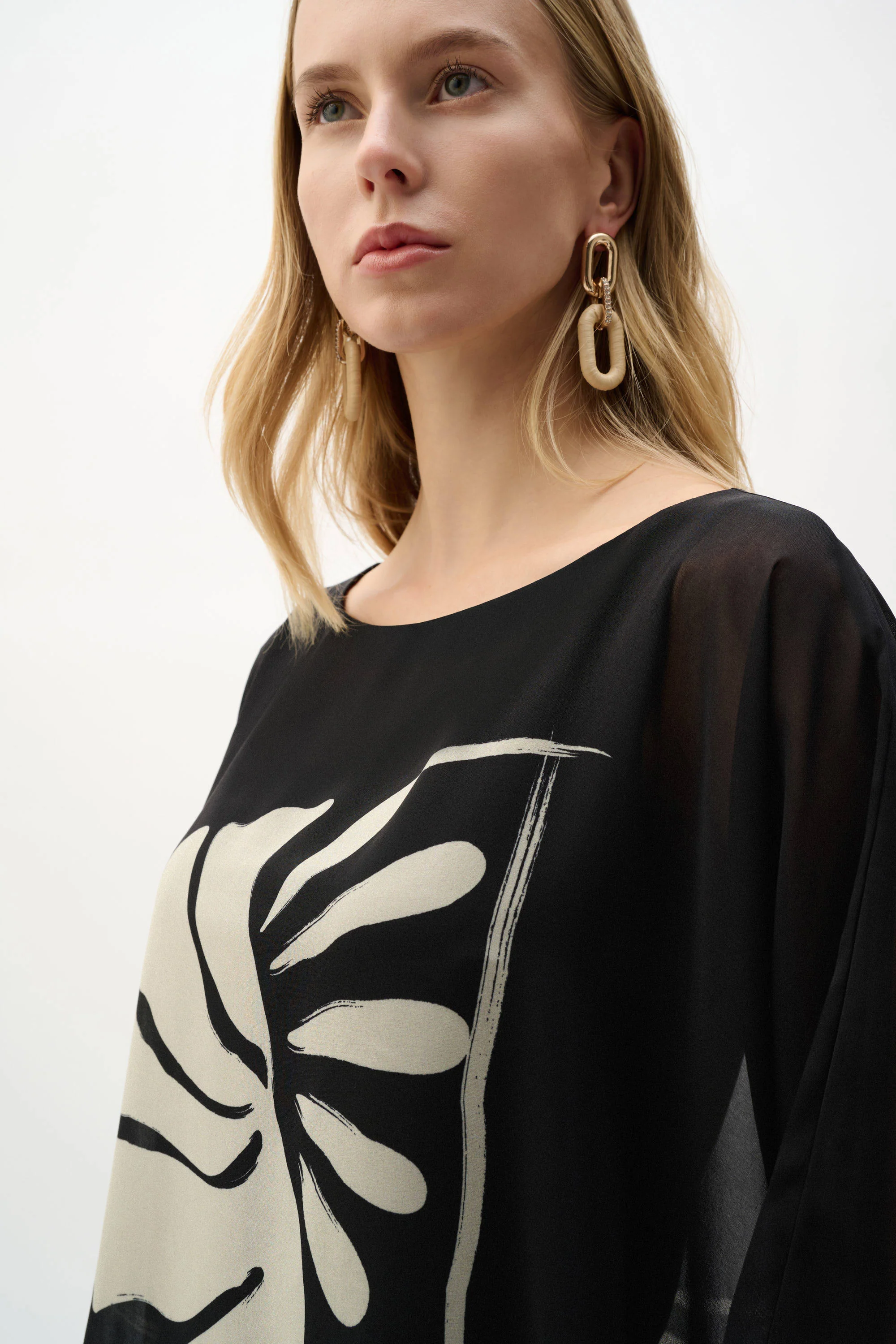Joseph Ribkoff Sheer Woven Tropical Print and Silky Knit Poncho Top - Image 3