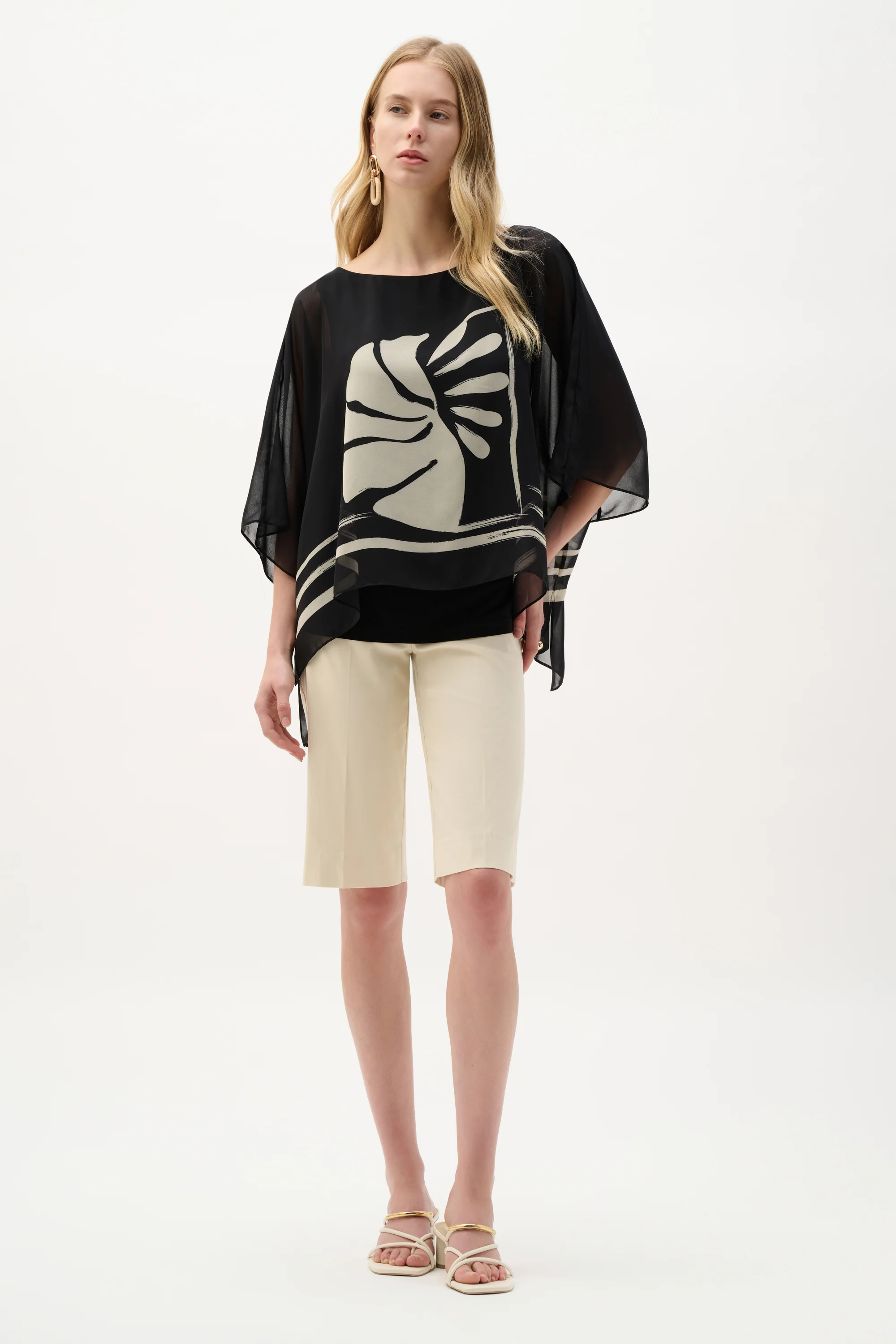 Joseph Ribkoff Sheer Woven Tropical Print and Silky Knit Poncho Top - Image 4