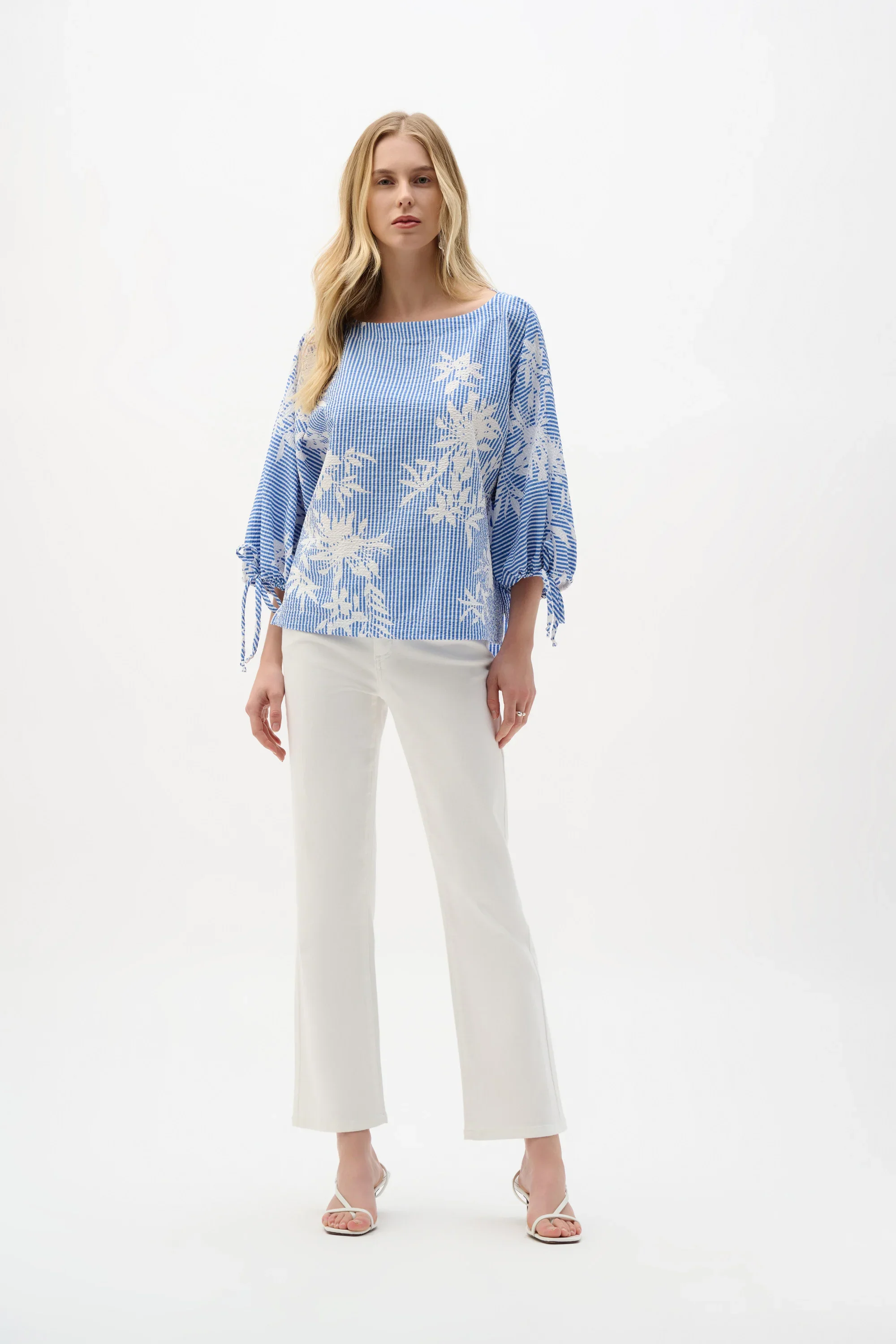 Joseph Ribkoff Woven Seersucker Floral Print Trapeze Top - Image 4
