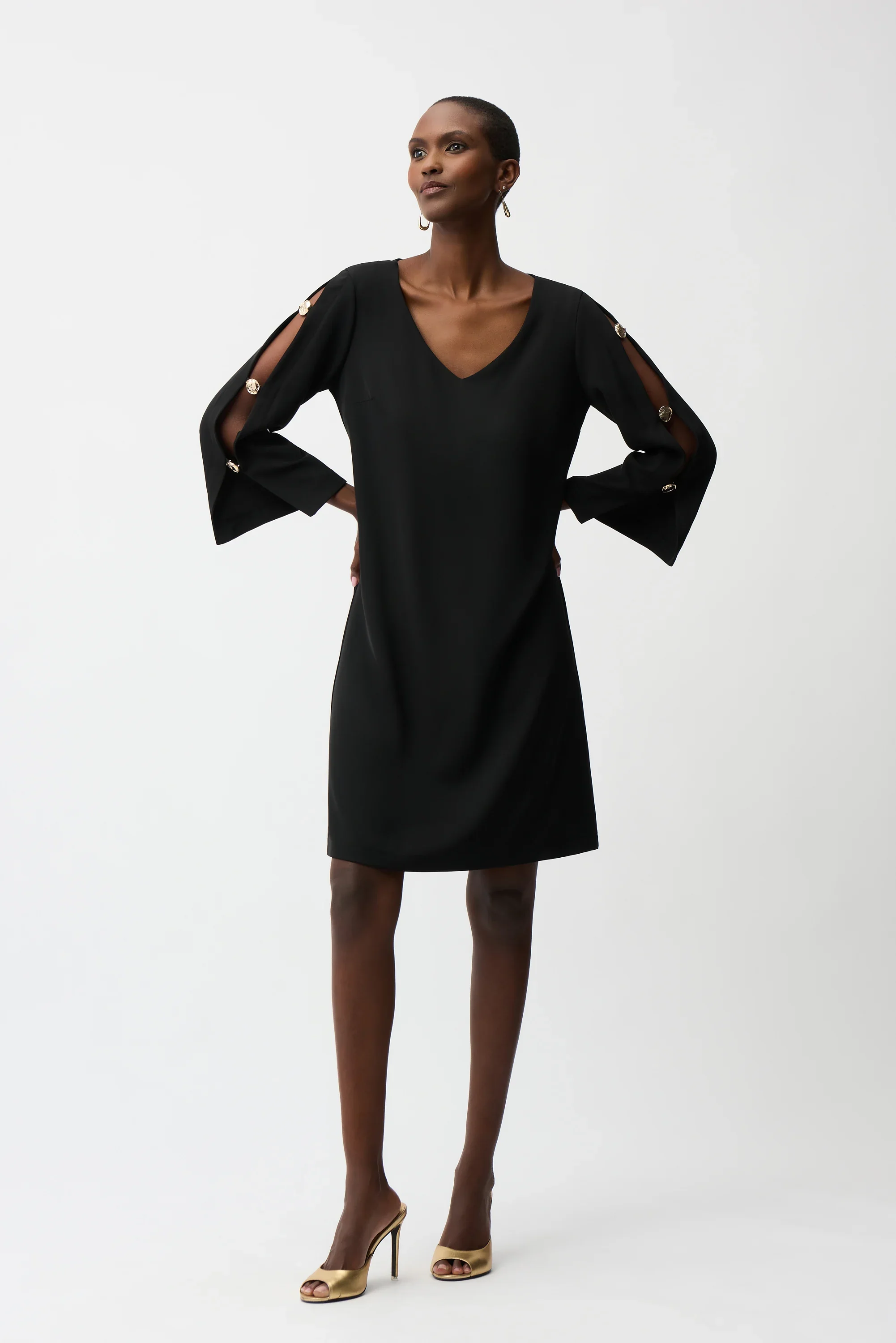 Joseph Ribkoff Woven Twill Trapeze Dress with Gold Trimmed Slit Sleeves - Image 2