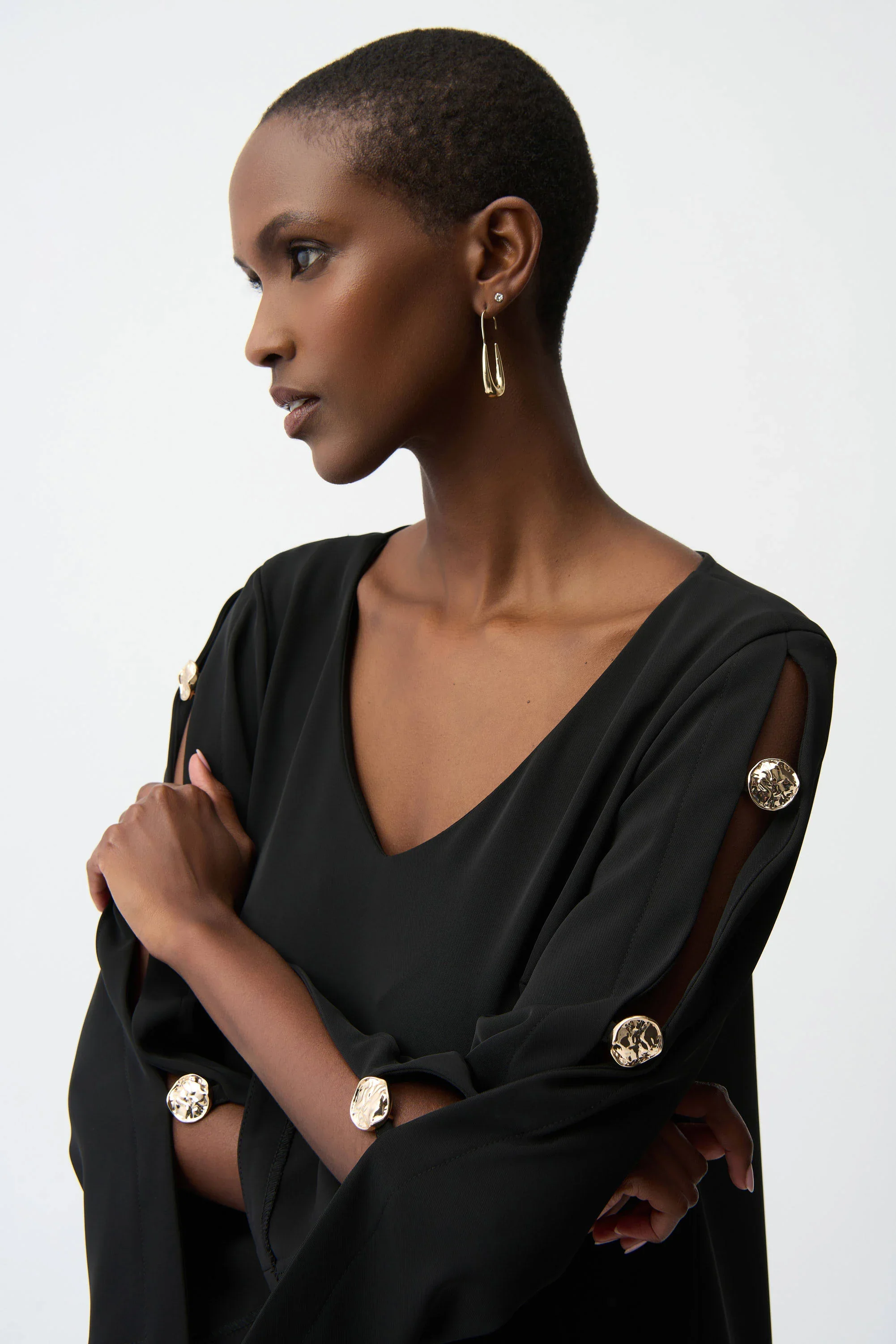 Joseph Ribkoff Woven Twill Trapeze Dress with Gold Trimmed Slit Sleeves - Image 3