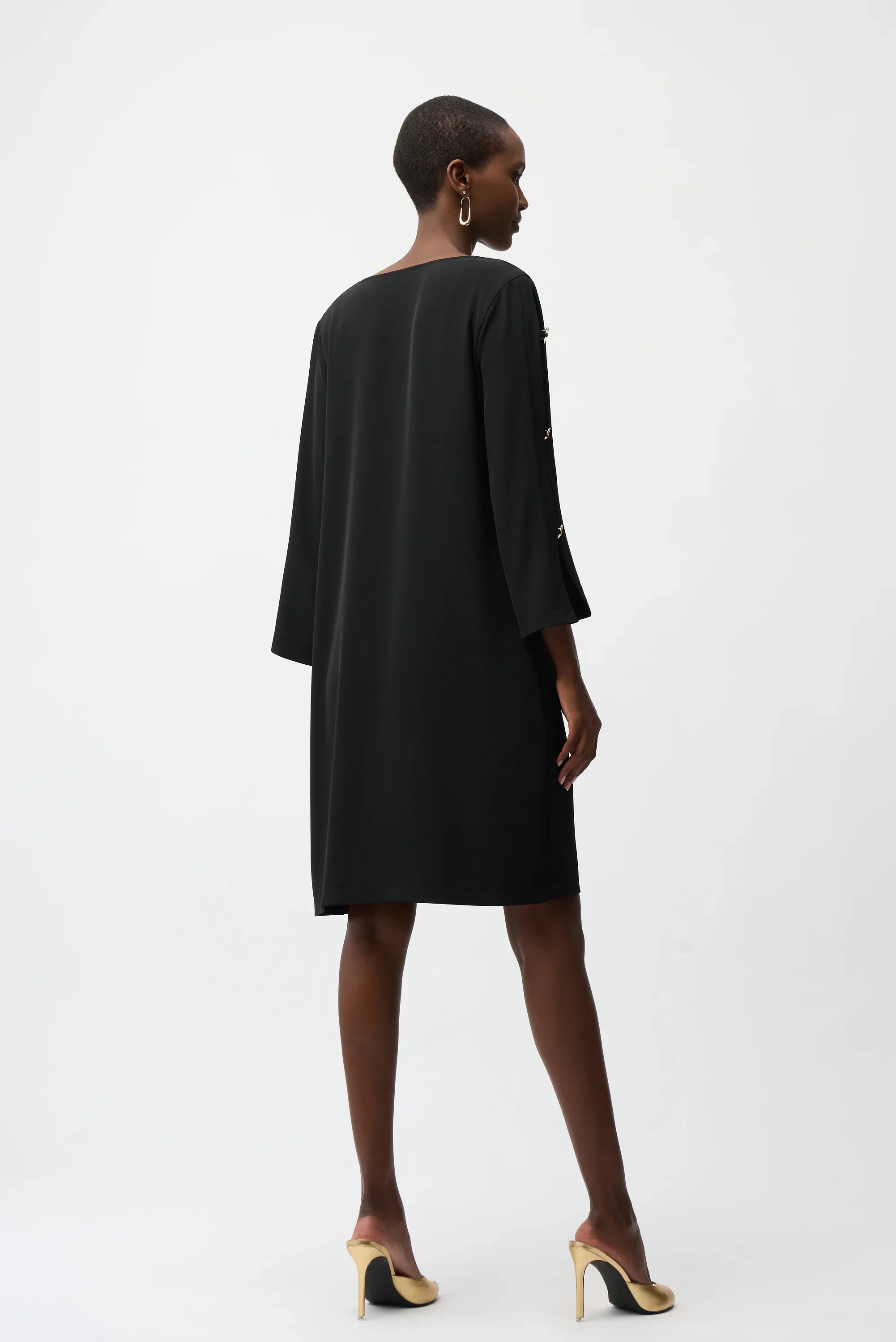 Joseph Ribkoff Woven Twill Trapeze Dress with Gold Trimmed Slit Sleeves - Image 4