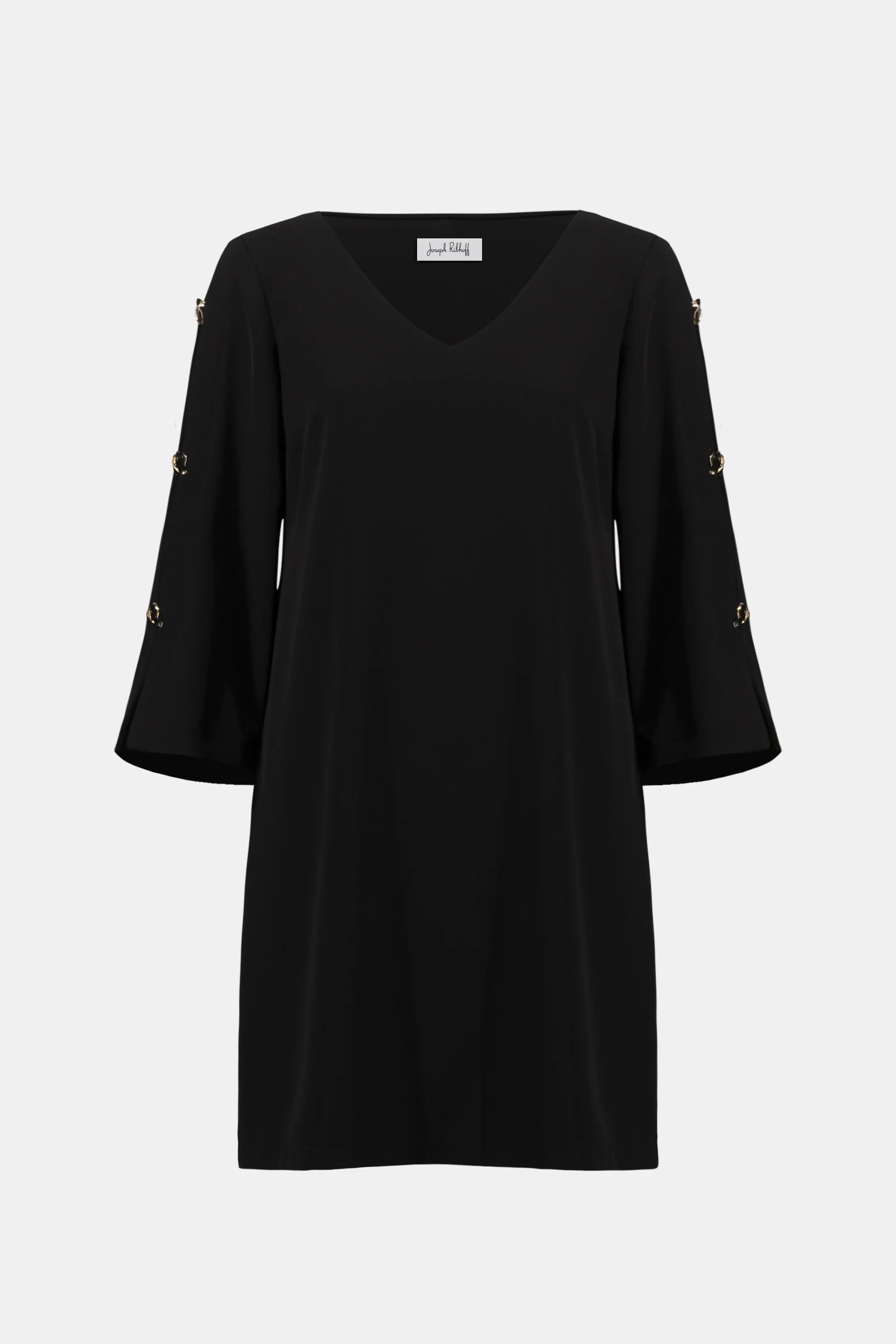 Joseph Ribkoff Woven Twill Trapeze Dress with Gold Trimmed Slit Sleeves - Image 5