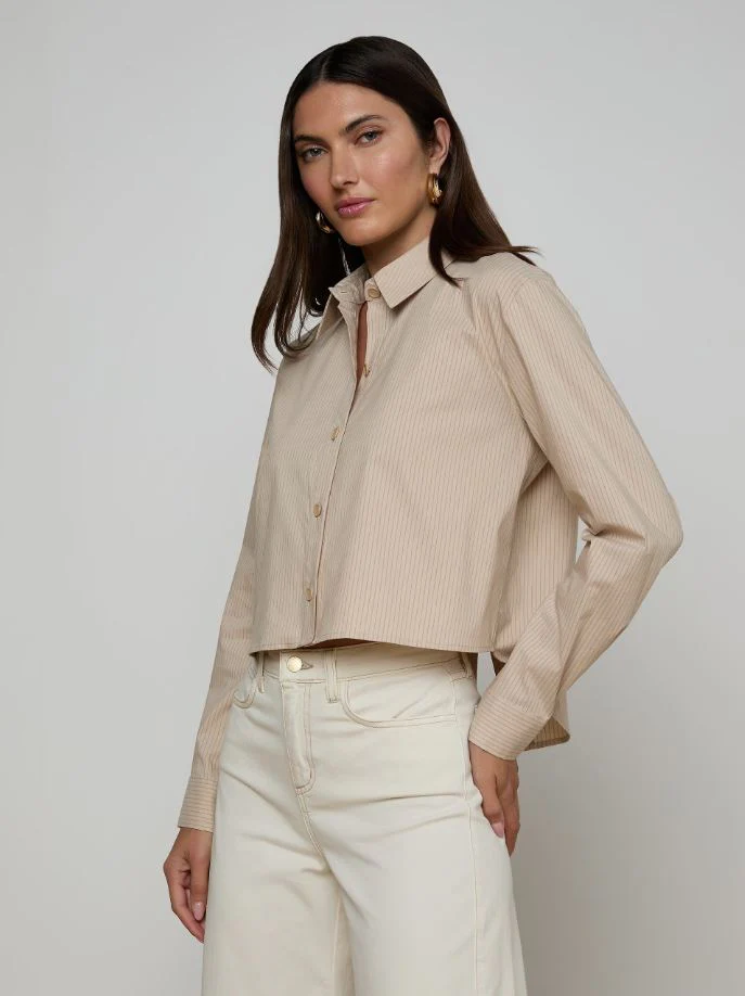 L'Agence Cosette Crop Hi Low Shirt, Macadamia/Light Brown Stripe - Image 2