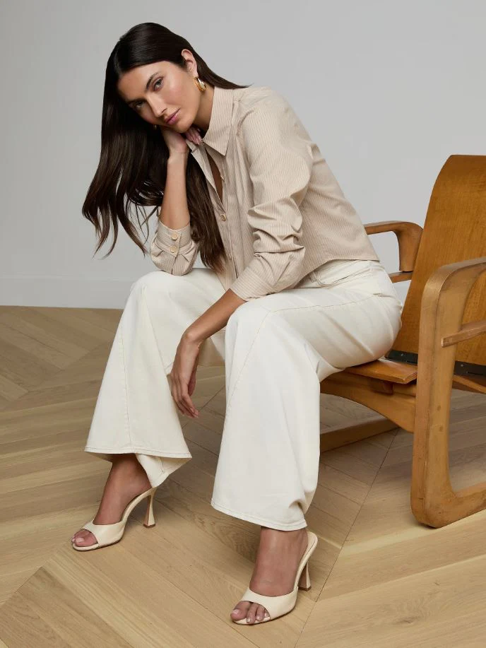 L'Agence Cosette Crop Hi Low Shirt, Macadamia/Light Brown Stripe - Image 5