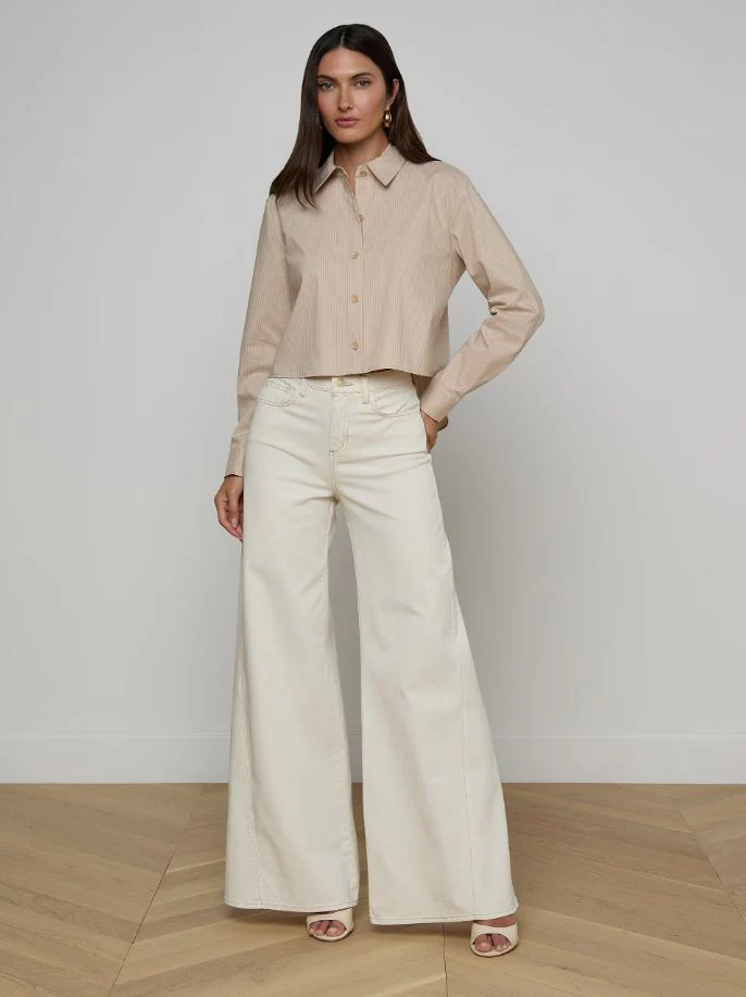 L'Agence Cosette Crop Hi Low Shirt, Macadamia/Light Brown Stripe - Image 6