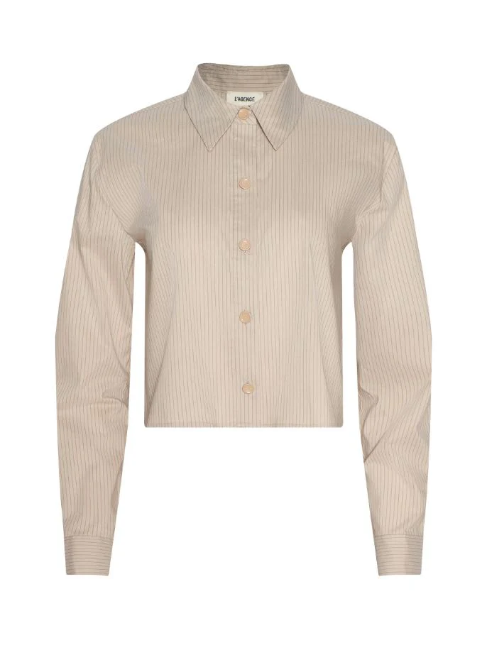 L'Agence Cosette Crop Hi Low Shirt, Macadamia/Light Brown Stripe - Image 7