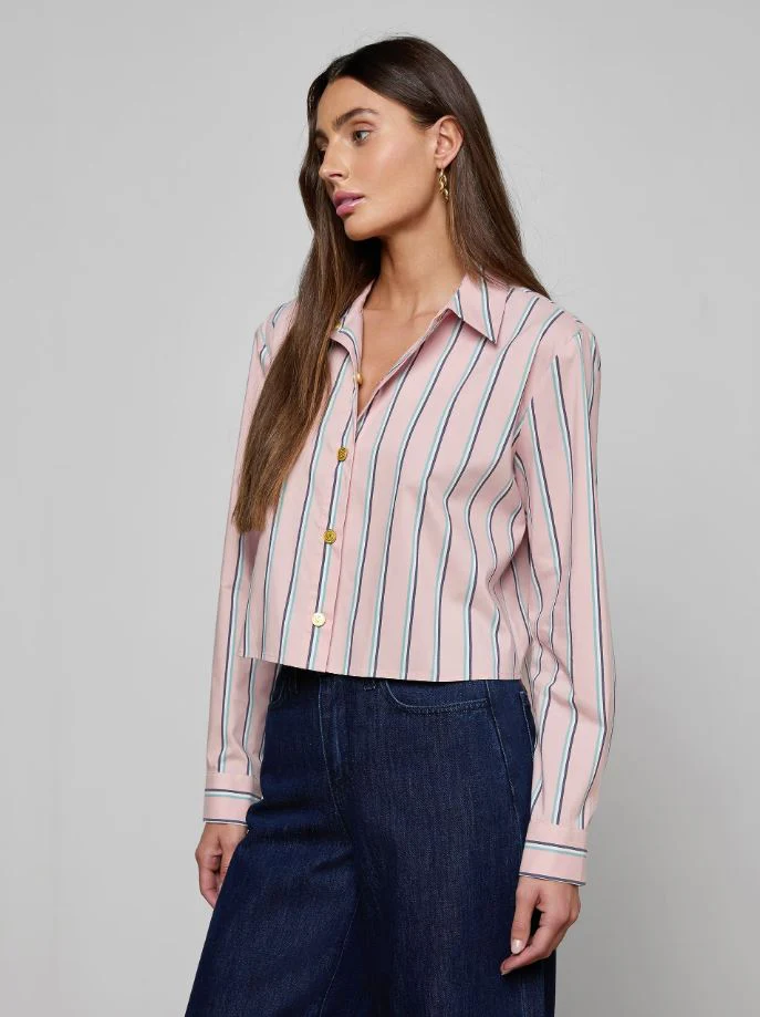 L'Agence Cosette Crop Hi Low Shirt, Pale Rose Stripe - Image 2