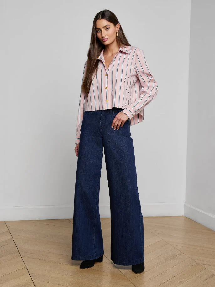 L'Agence Cosette Crop Hi Low Shirt, Pale Rose Stripe - Image 3