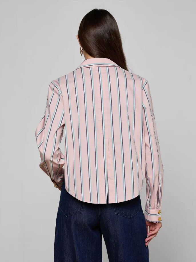 L'Agence Cosette Crop Hi Low Shirt, Pale Rose Stripe - Image 4