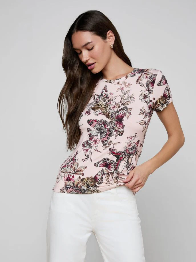 L'Agence Ressi Short Sleeve Crew Neck Tee, Nectar Pink Multi Butterfly - Image 2
