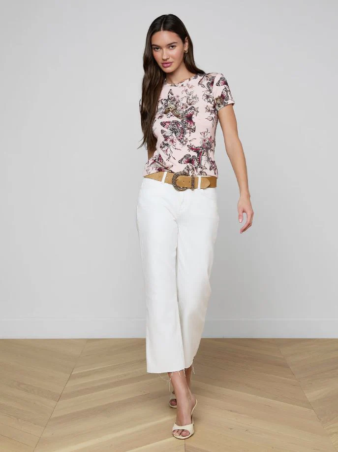 L'Agence Ressi Short Sleeve Crew Neck Tee, Nectar Pink Multi Butterfly - Image 4