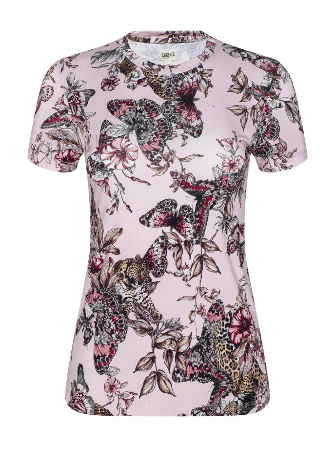 L'Agence Ressi Short Sleeve Crew Neck Tee, Nectar Pink Multi Butterfly - Image 7