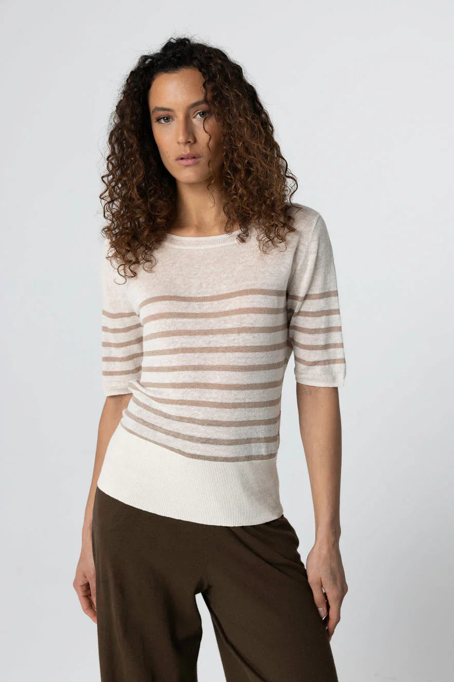 Majestic Filatures Linen Knit Stripe Elbow Sleeve Boatneck - Image 2
