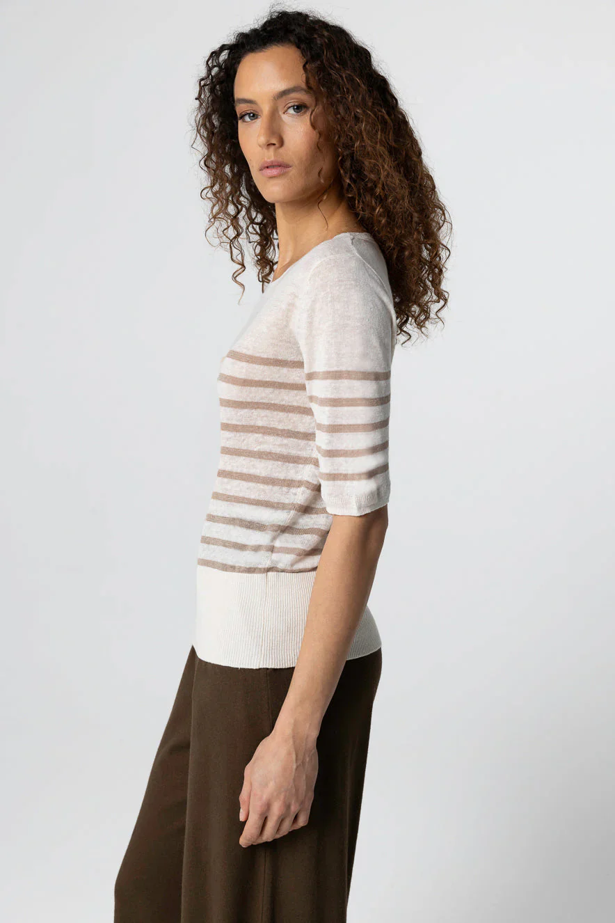 Majestic Filatures Linen Knit Stripe Elbow Sleeve Boatneck - Image 4