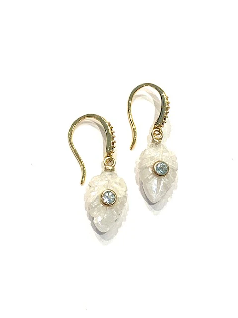 Sconset Flair Studio Carved Rainbow Moonstone leaves w/ Bezel Set Blue Topaz Earrings - Image 2
