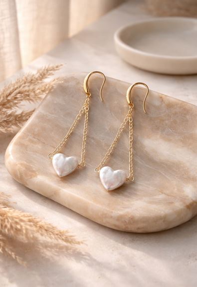 Sconset Flair Studio Heart Shaped Pearl Dangle Chain Earrings - Image 3