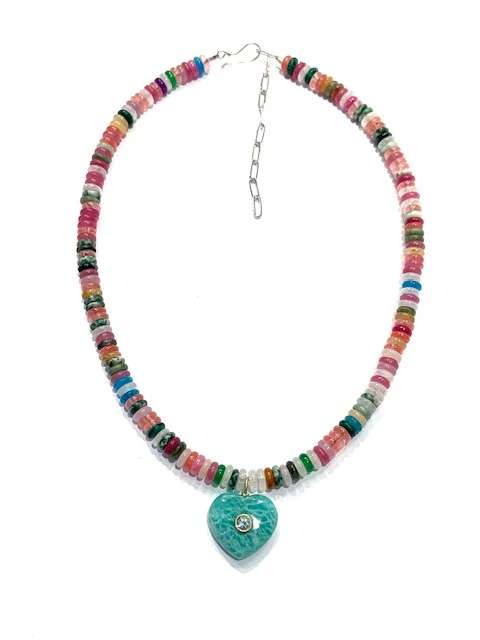 Sconset Flair Studio Multi Gemstone Necklace w/ Amazonite Heart w/ Bezel Set Blue Topaz - Image 2
