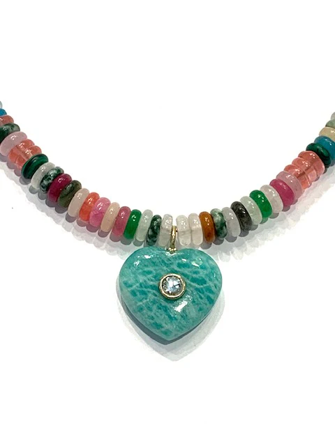 Sconset Flair Studio Multi Gemstone Necklace w/ Amazonite Heart w/ Bezel Set Blue Topaz - Image 3